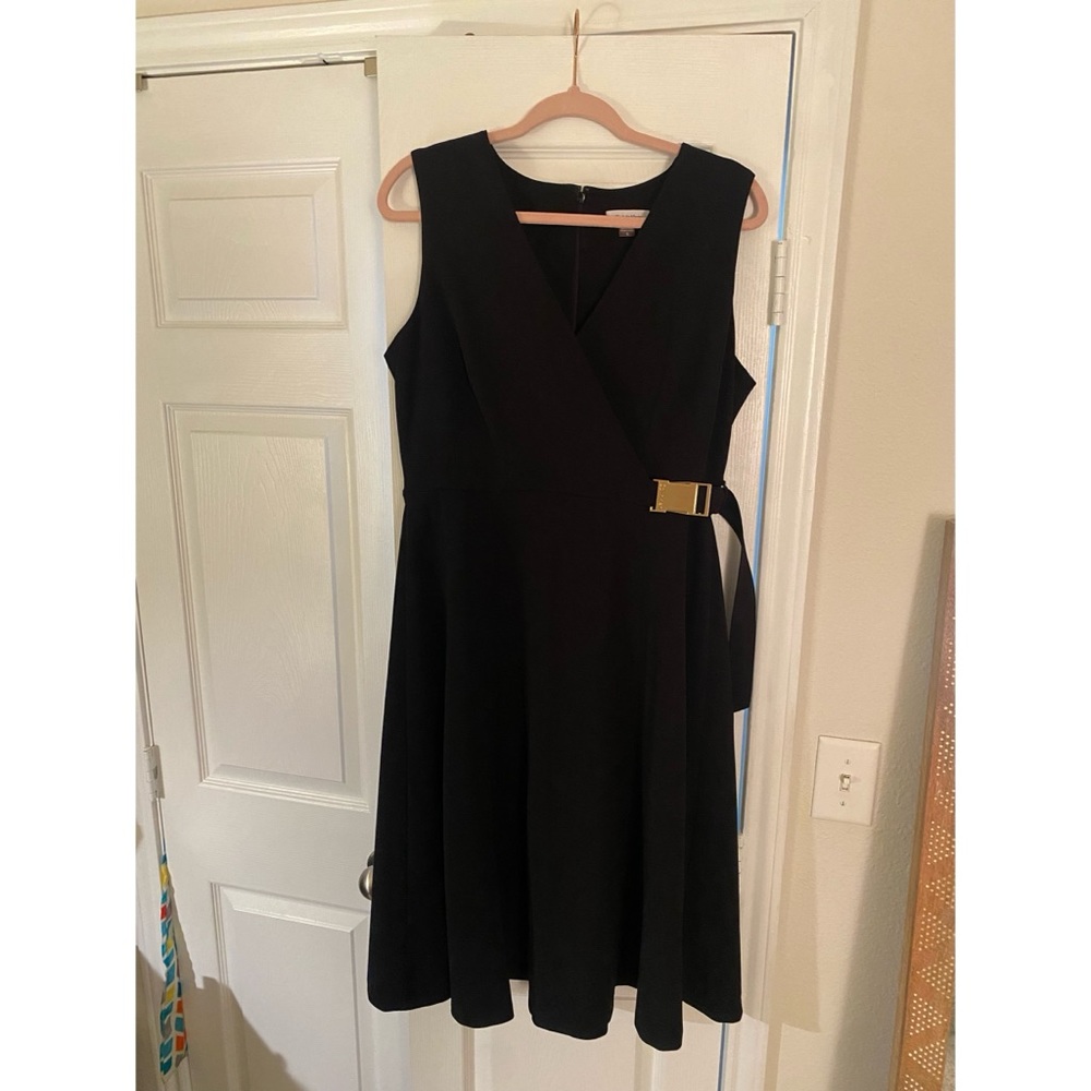 Calvin Klein Black Midi Dress with Gold Hardware, Size 12